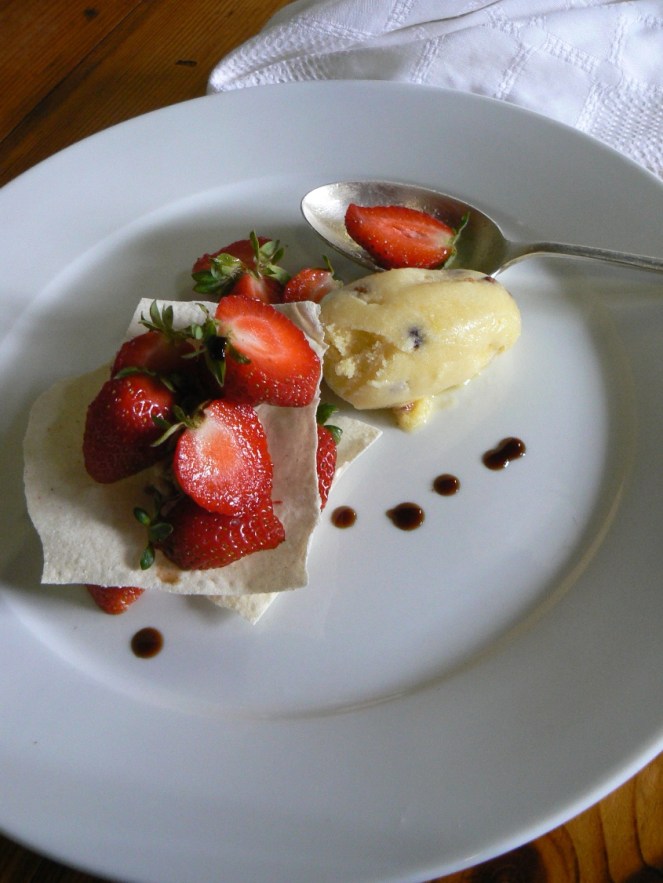 Marinated Strawberry and White Chocolate Fragilite', with an Orange and Rose Pepper Sorbet
